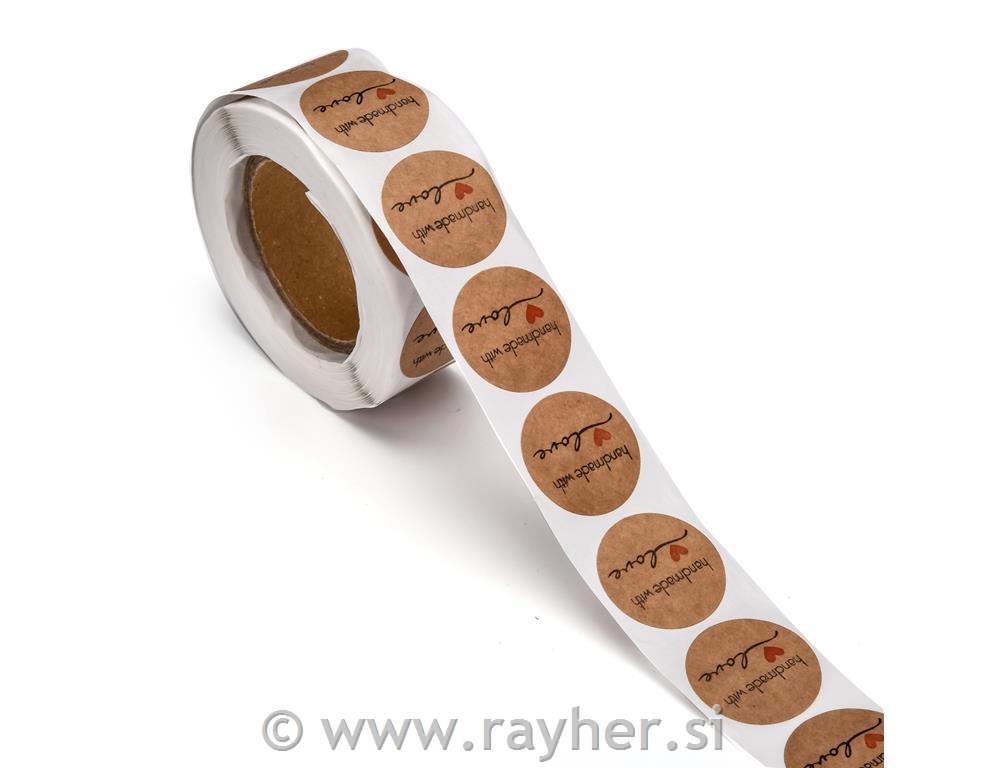 Nalepke "Handmade with Love" na kolutu, kraft barve, 500 nalepk