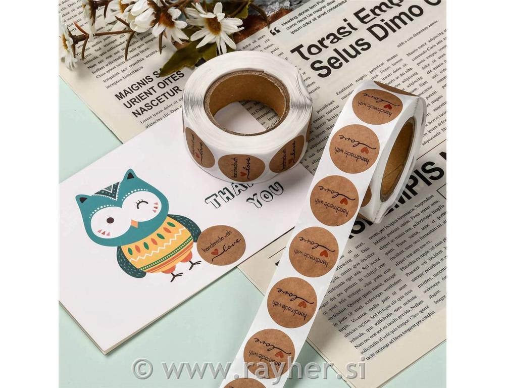 Nalepke "Handmade with Love" na kolutu, kraft barve, 500 nalepk