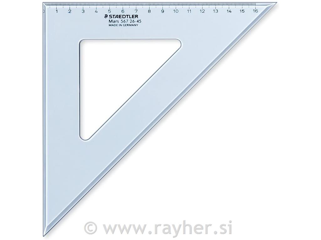Ravnilo trikotnik, 26cm 45/45 stopinj transp. moder