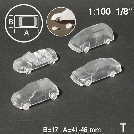 CARS, 4 TYPES 1:100L = 41-46 MM, CLEAR, 4 pcsW = 17 MM