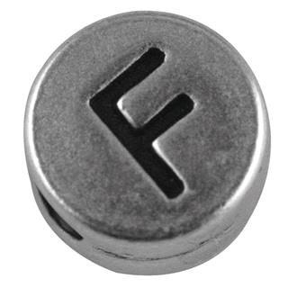 Perla kovinska črka "F", bn, srebrna, o 7 mm, hole 2 mm