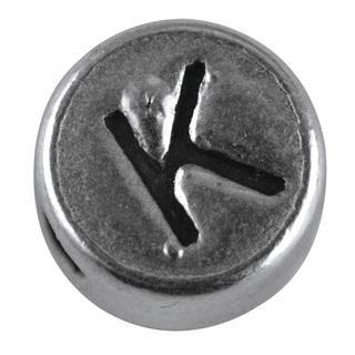 Perla kovinska črka "K", bn, srebrna, o 7 mm, hole 2 mm