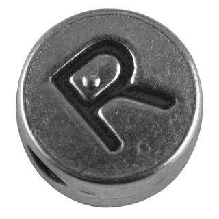 Perla kovinska črka "R", bn, srebrna, o 7 mm, hole 2 mm