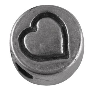 Perla kovinska, Heart, bn, srebrna, o 7 mm, hole 2 mm