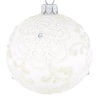DAGMARA steklena krogla za božično drevo, bela, cvetlični vzorec, kristali, 8cm