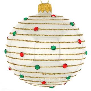 DAGMARA steklena krogla za božično drevo, bela, s kristali, zlate bleščice, 8cm