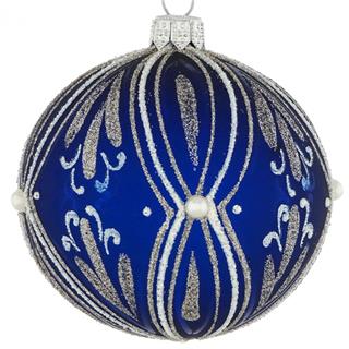DAGMARA steklena krogla za božično drevo, modra, ornament, bleščice, perle, 8cm