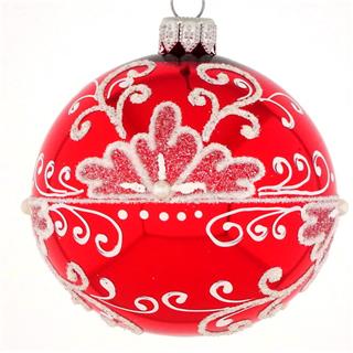 DAGMARA steklena krogla za božično drevo, rdeča, bel ornament z bleščicami, 8cm